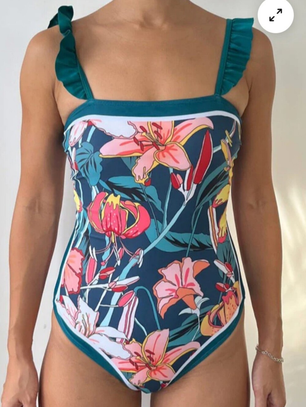 Floral One-Piece Vintage Ruffled Strap Swimsuit Square Neckline Sz XL